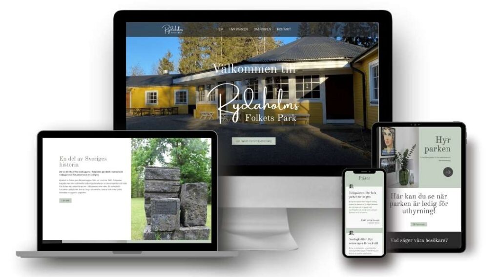 Bild på Rydaholms Folkets parks webbsida på olika skärmar.