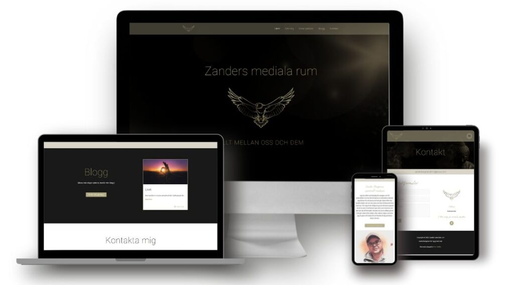 Bild på Zanders mediala rums webbsida på olika skärmar.